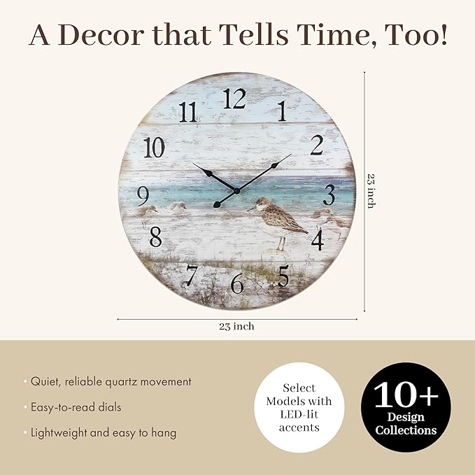Young's Inc Wood Sand Piper Wall Clock - Wall Clocks for Living Room Decor - Functional and Decorative Beach, Lake, and Farmhouse Wall Clock - 23" W x 23" H