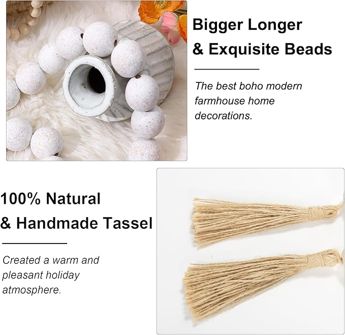OMISHE Extra Large Wood Bead Garland Rustic White with 1.6" Diameter Wooden Beads and Tassels, 41" Long Rustic Farmhouse Country Decorative Beads for Home Tray Decor, Rustic White