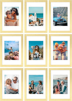 Vittanly 8x12 Picture Frames Set of 9, Shatter Resistant Plexiglass, Display 6x8 Pictures with Mat or 8x12 without Mat, Photo Frames for Wall or Tabletop, Engineered Wood, Gold