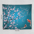 Japanese Koi Fish Tapestry, Cherry Blossoms Asian Oriental Green Teal Flower Branch Koi Fish Carp Tapestries Wall Hanging for Bedroom Living Room Office Decor 60"x50"