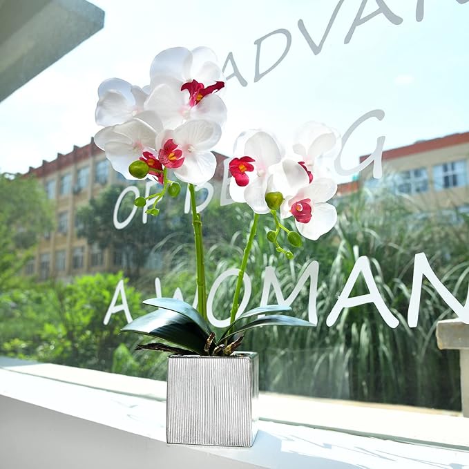 Artificial Potted Orchid Faux Phalaenopsis Silk Flowers Bonsai Realistic Arrangement in Silver Vase for Home Decoration Table Centerpiece, White