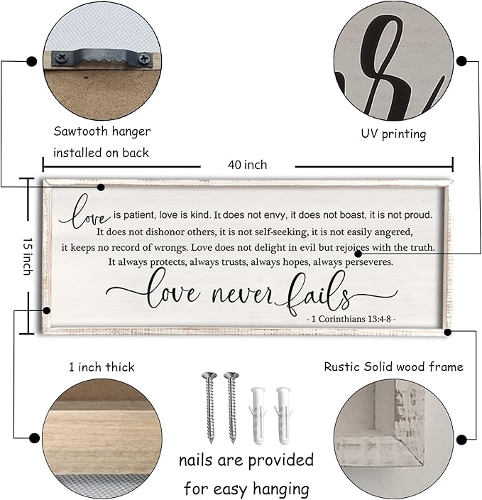 flowtorely Love is Patient, Kind Wall Art Decor 40"X15" Love Never Fails Sign 1 Corinthians 13 Bedroom Above Bed Large Bible Verse Quote Scripture Christianity Hanging Sign (White)
