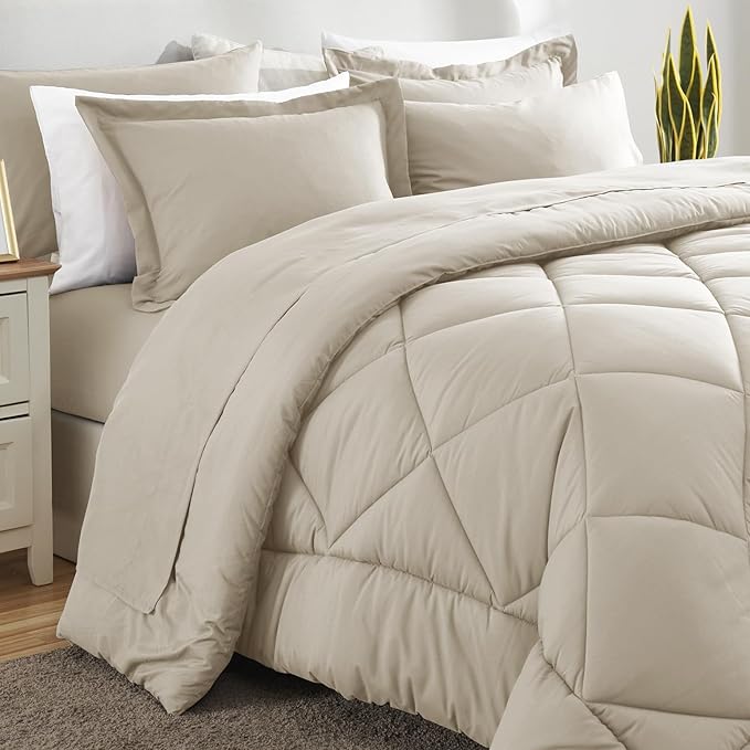 CozyLux King Size Comforter Set Oatmeal - 7 Pieces Bed in a Bag King, Luxury Soft Bed Set for All Seasons, Bedding Set with Down Alternative Comforter, Sheets, Pillowcases & Shams