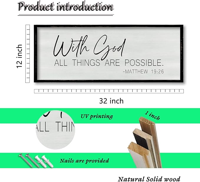 ZZJJHYWGQ Bible Verse Wall Decor With God All Things Are Possible 32"×12" Christian Religious Home Inspirational Print Catholic Sign for Living Room Religious Faith Large Hanging Art (Black)