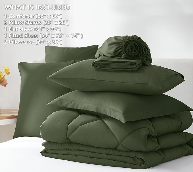 CozyLux Full Size Comforter Sets Olive Green - 7 Pieces Bed in a Bag Full, Luxury Soft Bed Set for All Seasons, Bedding Set with Down Alternative Comforter, Sheets, Pillowcases & Shams