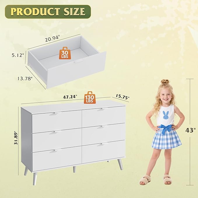 WLIVE 6 Drawer Dresser for Bedroom, 47.24'' Wide Wood White Dresser, Storage Organizer with Sturdy Metal Handle, TV Stand for 55 inch TV, Chest of Drawers for Living Room, Hallway, Closet
