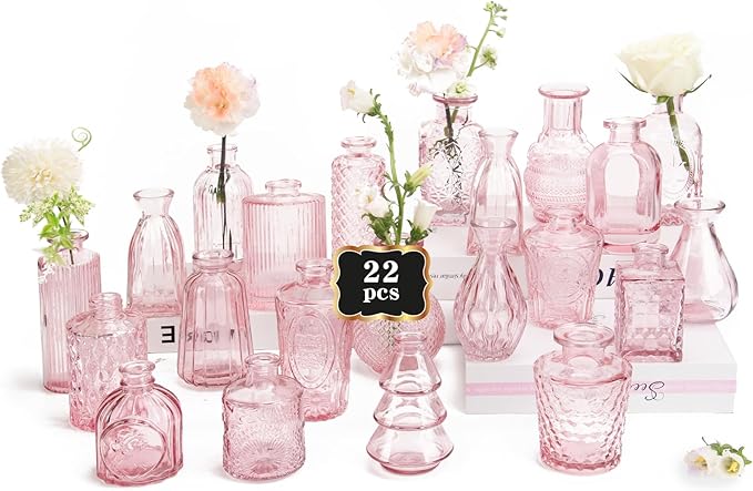RUCKAE Pink Flower Vase in Bulk 22 Glass Bud Vases Vintage Small Vases for Centerpiece Table Wedding Decorations Home Decor Party (Pink)