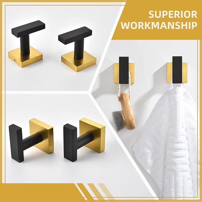 Angle Simple Bathroom Towel Hook 2 Pack, SUS 304 Stainless Steel Bath Robe Coat Holder Wall Mounted, Black & Gold