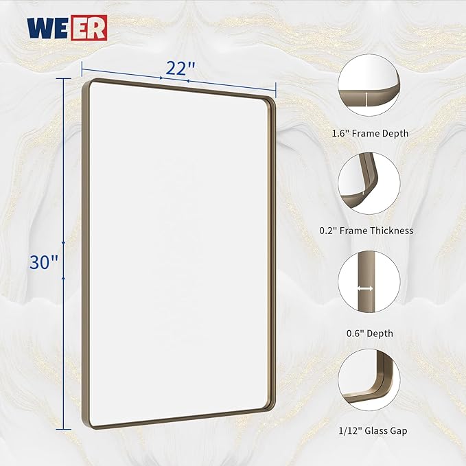 WEER 22x30 Inch Bronze Bathroom Mirror for Vanity, Brushed Bronze Metal Frame Rounded Rectangle Mirror with Tempered Glass, Anti-Rust (Horizontal/Vertical)