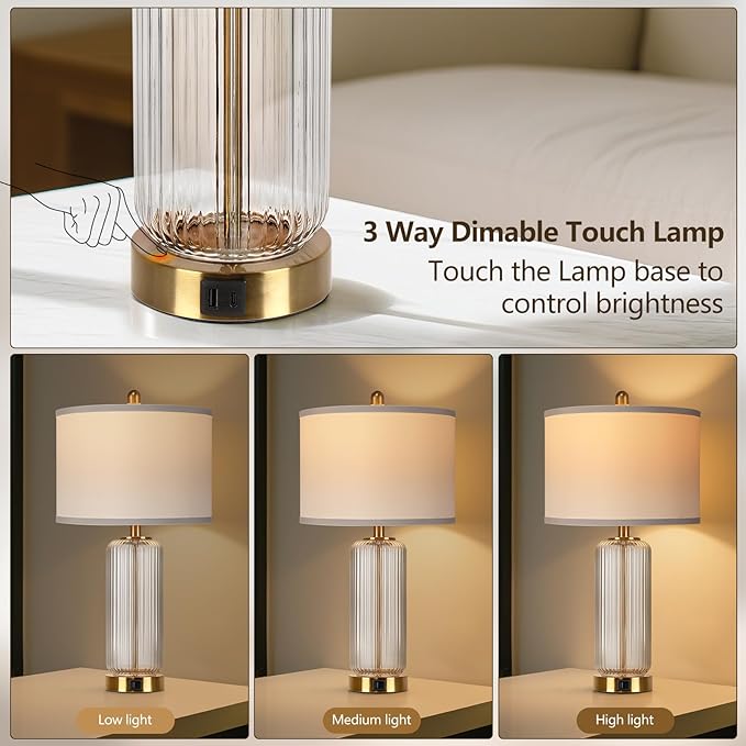 Table Lamps Set of 2 with Touch Control, 27" Modern Glass Bedside Lamps with USB A+C Ports, 3-Way Dimmable Nightstand Lamp with Vertical Grained Glass, Bedside Table Lamps, Desk Lamp for Bedroom
