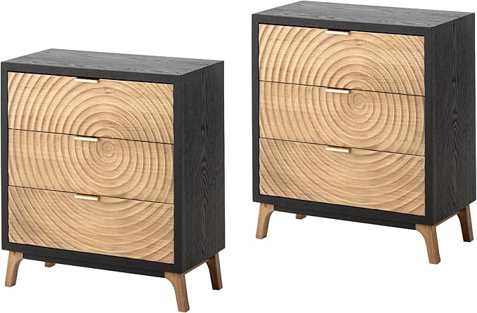 LONYKE 3-Drawer X 2P Farmhouse Dresser with Handcrafted Wood Ring Motif, Black Nightstand for Bedroom, Fully-Assembled, Morden Rustic