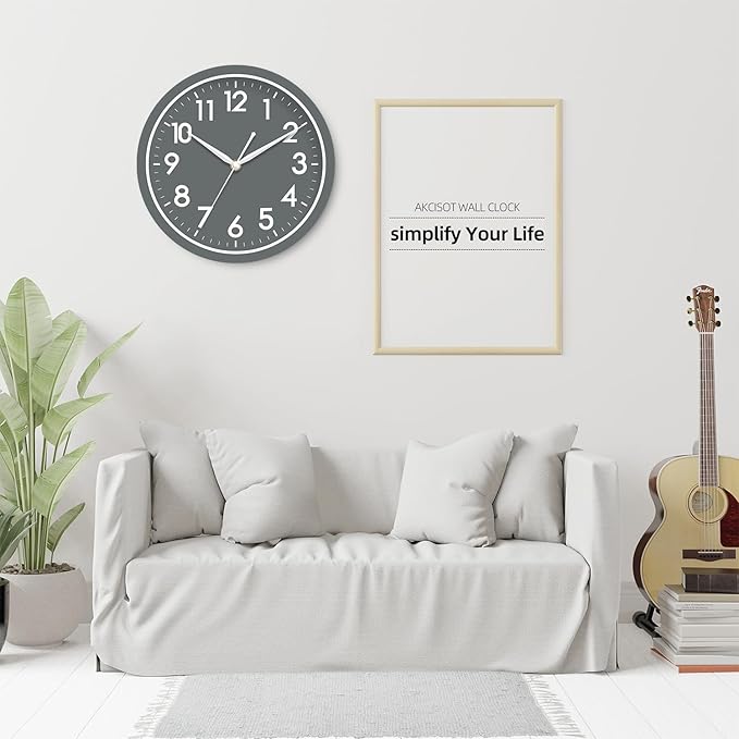 AKCISOT Wall Clock Bathroom 10 Inch Analog Small Wall Clocks Battery Operated - Silent Non Ticking Modern Simple Style Clock Decorative for Kitchen,Bedroom,Home Office,Living Room,School(Gray)