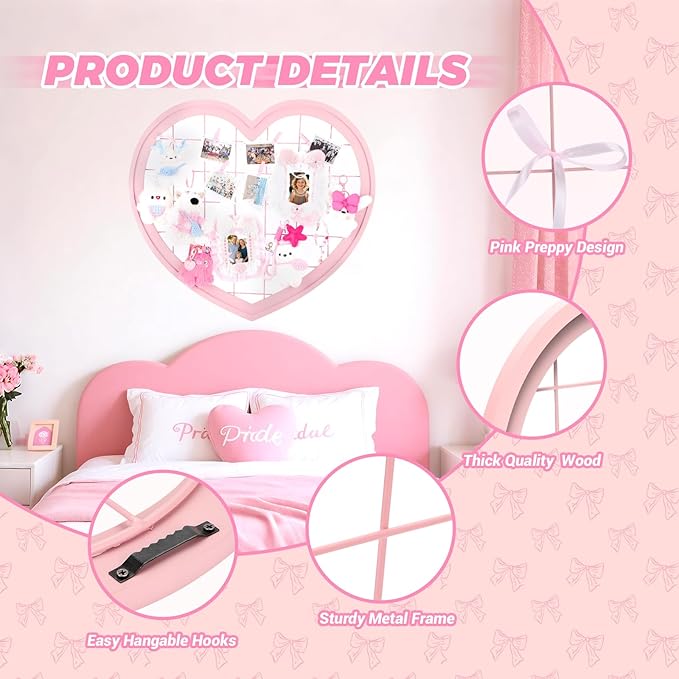 Pink Preppy Coquette Room Decor, Heart Shape Wire Wall Grid Panel for Photo Display Board and Wall Storage Organizer, Wall Decor for Teen Girls and Women Home Bedroom Living Room and Dorm