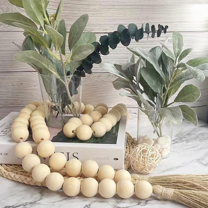 OMISHE 60" Long Extra Large Wood Bead Garland with 1.6" Diameter Wooden Beads and Tassels, Rustic Farmhouse Country Decorative Beads for Home Decor Tiered Tray Decor, Natural Beige