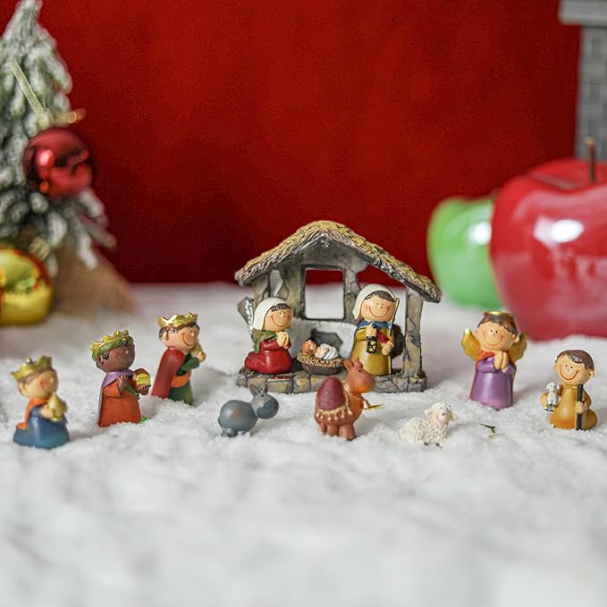 Nativity Christmas Village 3.5 Inch 12 PCS Nativity Scene Collectible Bulidings Christmas Village Scene Vintage Xmas Holiday Decorations Displays for Indoor Room Desktop Decor