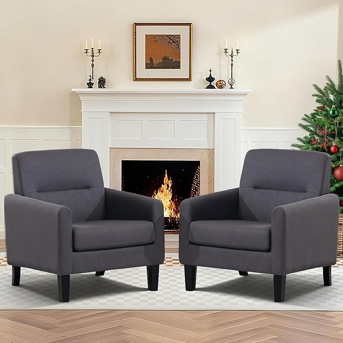 Accent Chairs Set of 2, Mid Century Modern Living Room Chairs Comfy Reading Chair with Upholstered Cushion Relax Armchair for Bedroom Apartment,Office,Dark Grey