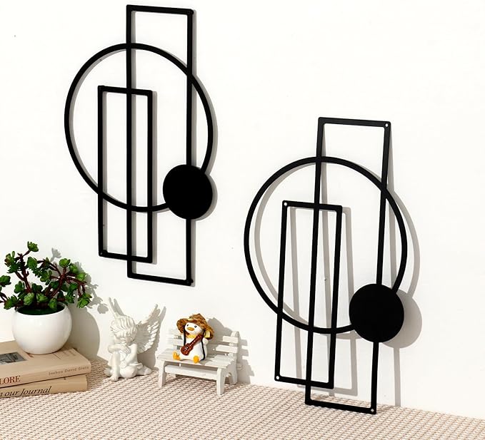 OYEFLY 2 Pcs Metal Abstract Wall Art,Modern Geometric Decor (Black, style 1)