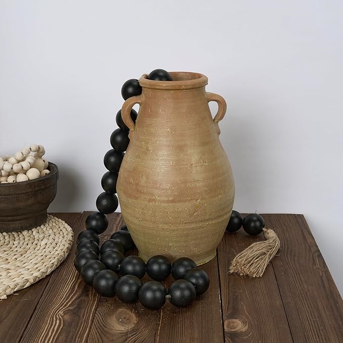 OMISHE 76" Long Extra Large Wood Bead Garland with 1.6" Diameter Wooden Beads and Tassels, Rustic Farmhouse Country Decorative Beads for Home Tiered Tray Decor, Black