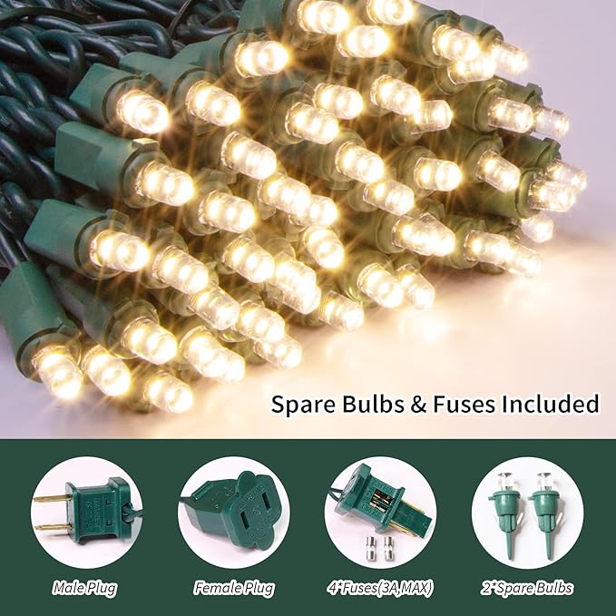 Warm White Wide Angle LED String Lights, 64.8 Ft 300 Count, Pack of 3 Strands 21.9 Ft 100 Lights UL Certified Commercial Grade Green Wire 5mm Holiday String Light