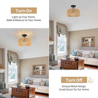 Rattan Light Fixtures Ceiling Mount, 3-Lights Boho Semi Flush Mount Ceiling Light, Farmhouse Woven Ceiling Lighting, Rustic Wicker Chandelier for Hallway Bedroom Kitchen Entryway