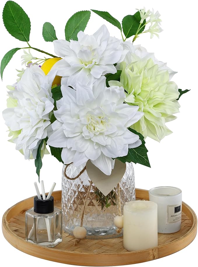 Fake Flower with Vase,White Silk Dahlia Artificial Flowers in Clear Glass Vase for Home Bathroom Office Desk Party Centerpiece Coffee Table Decor
