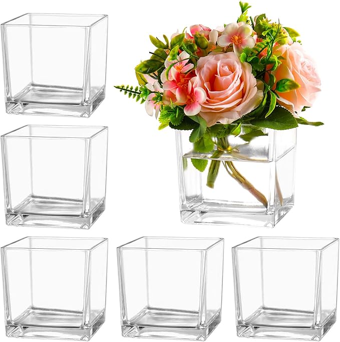 Square Clear Glass Vases Set of 6, 5" x 5" x 5" Flower Vases for Centerpieces, Square Vase for Centerpieces, Small Vase for Wedding, Party, Home Office Decoration