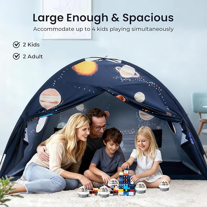 Tiny Land Space Galaxy Bed Tent for Kids – Sleep Bed Canopy with 9 Planets Design, Easy-to-Install Indoor Kids Play Tent, Imaginative Playhouse, Ideal Gift for Boys & Girls – 77" x 40" x 46"