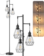 EDISHINE 70IN Farmhouse Floor Lamps for Living Room, Dimmable Industrial Tall Standing Lamps 3 LED Edison Bulbs Included, Diamond-Shaped Cage, Rustic Tree Corner Light for Bedroom, Office, Black