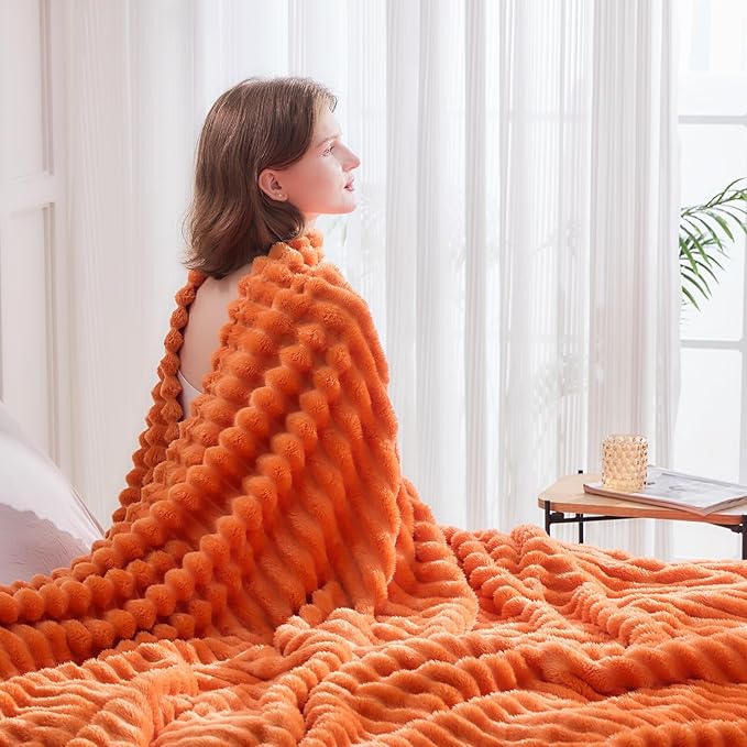 NEWCOSPLAY Super Soft Fall Queen Blanket Orange Premium Silky Flannel Fleece 3D Ribbed Jacquard Lightweight Bed Blanket All Season Use (Orange Ribbed, Queen(90"x90"))