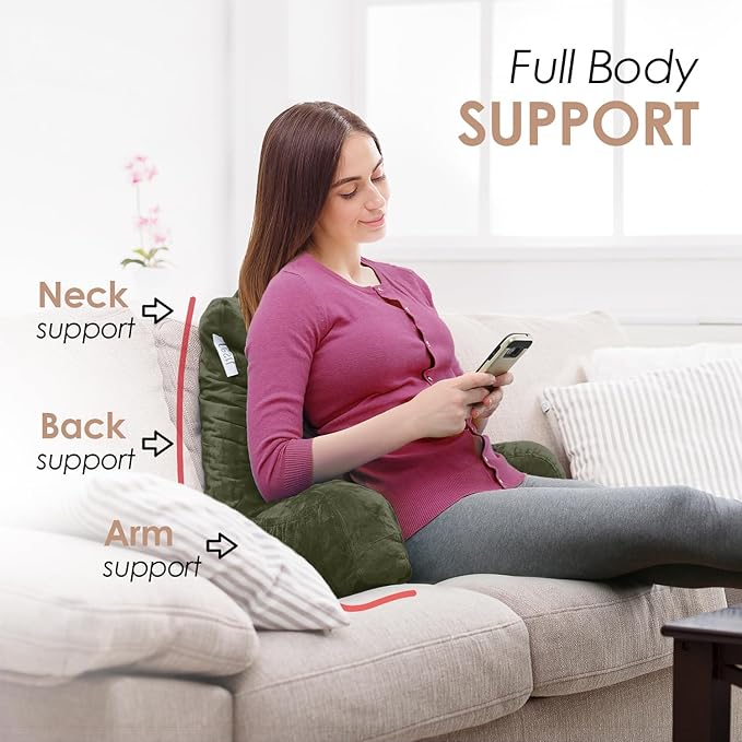 Nestl Reading Pillow Standard Bed Pillow, Back Pillow for Sitting in Bed Shredded Memory Foam Chair Pillow Reading & Bed Rest Pillows Olive Green Back Pillow for Bed, Bed Chair Arm Pillow with Pockets