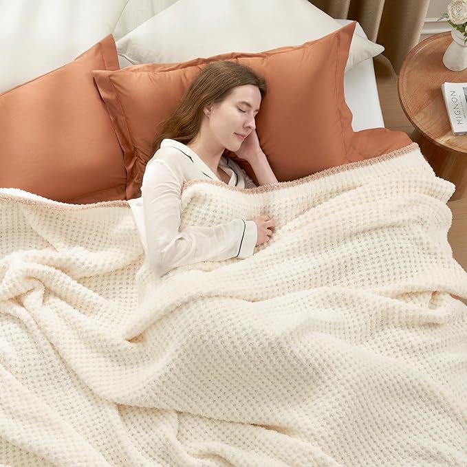 Snuggle Sac Cream Bedding Blankets Queen Size 90x90 inches, Reversible Microfiber Fluffy Fuzzy Soft Throw Cozy Knit Blanket for Women Mothers Birthday Gifts