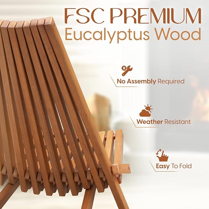 IDZO Elina FSC Eucalyptus Tamarack Chairs, 22.5x31.5x36 in, Weatherproof Wood, Lightweight 19 lb Design, Folding High-Backrest, Natural Finish – Ideal for Patio Furniture Set or Outdoor Furniture