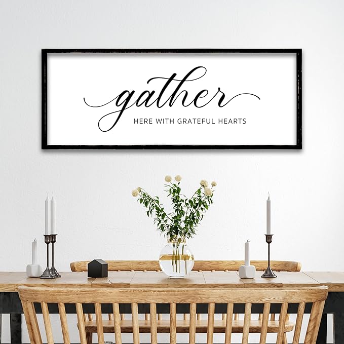ZZJJHYWGQ Gather Here With Grateful Hearts Sign Rustic Farmhouse Wall Art 32"×12" For Dining Room kitchen Family Gathering Thanksgiving Decor Minimalist Large Wooden Framed Hanging Art (Black)