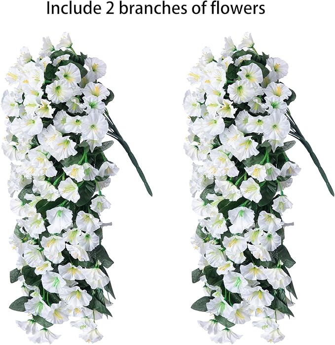Artificial Faux Hanging Plants Flowers for Outdoor Outside, 2 PCS Fake Silk White Morning Glory Long Vines UV Resistant Look Real for Home Porch Patio Balcony Planter Decoration