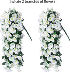 Artificial Faux Hanging Plants Flowers for Outdoor Outside, 2 PCS Fake Silk White Morning Glory Long Vines UV Resistant Look Real for Home Porch Patio Balcony Planter Decoration