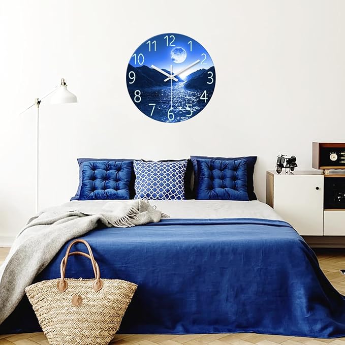 XFM Blue Moon Wall Clock Battery Operated 24 Inch Modern Silent Non Ticking Large Decorative Wall Clocks for Kitchen Living Room Bedroom
