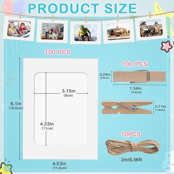 Janlaugh 100 Pcs Paper Photo Frames 4x6 White Paper Picture Frame with 100 Clip 10 String Kit DIY Hanging Cardboard Photo Holder Back to School Wall Decor Wedding Home