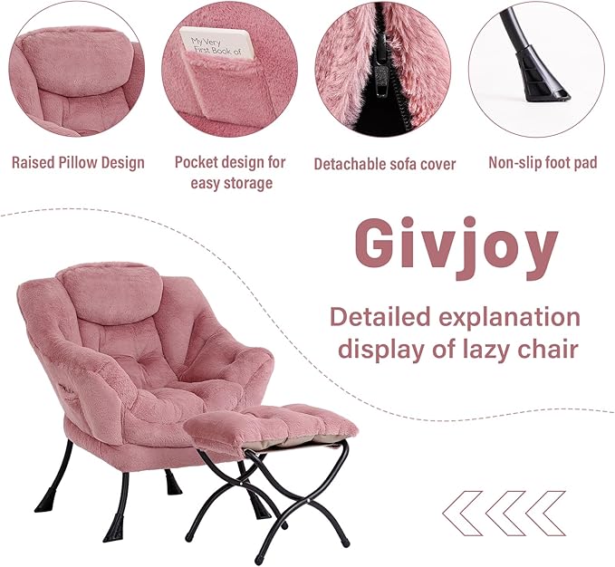 Cozy Lazy Chair and Ottoman, Large Contemporary Accent Lounge Chair Set, Leisure Upholstered Reading Armchair for Bedroom, Living Room, Dorm Rooms, Office
