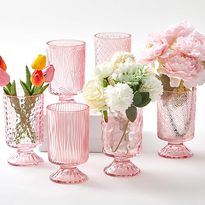 6 Pcs (H:7" W:4") Embossed Flower Vase Fall Pedestal Glass Vase Big Base Thickened Crystal Vintage Vases for Autumn Wedding Home Decor Table Centerpiece House Warming Gifts(Pink)