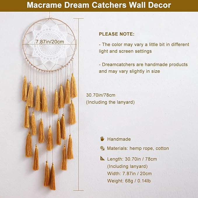 Artilady Macrame Dream Catchers for Bedroom - Tassel Wall Hanging Handmade Dreamcatchers Home Decor with Tassel Feather Ornament Craft Blessing Gift (Orange)