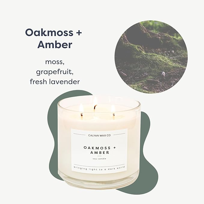 Calyan Wax Co. 3 Wick Candle, Oakmoss + Amber Scented Candle, 43 Hour Burn Time, 3 Wick Soy Candles, Non Toxic & Vegan Soy Wax, Glass Jar Scented Candles, 14.9oz