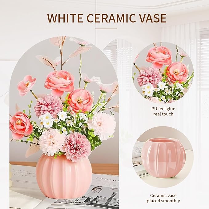 Artificial Flowers, Fake Flowers in Vase, Silk Flowers with Ceramic Vase, Faux Flowers Arrangement for Homes, Restaurants Decoration Dining Table Centerpiece Decor (Pink)