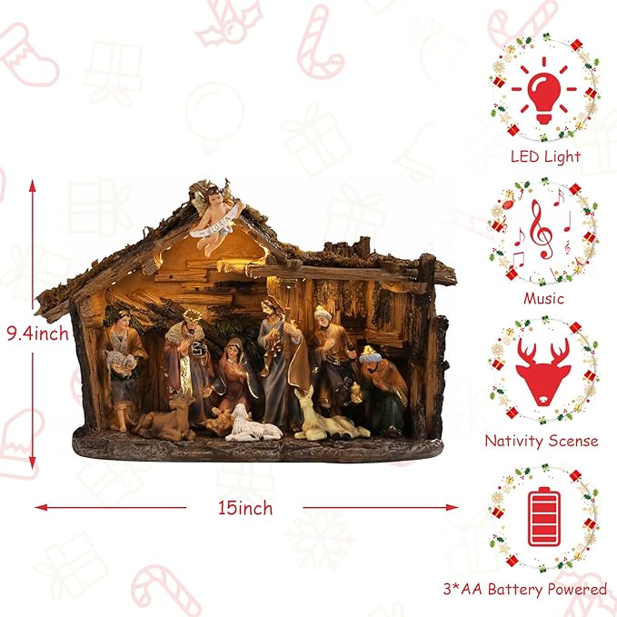 Taman Nativity Set with LED Light - Resin Figurines Tabletop Nativity Scenes Xmas Gifts Collectibles for Christmas Holiday Decorations