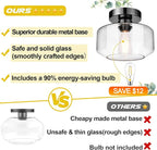 Industrial Semi Flush Mount Ceiling Light Black Chrome, 800 Lumen LED Bulb Included, Clear Glass Shade Ceiling Light Fixture, Farmhouse Light Fixture for Hallway Corridor Kitchen Bathroom