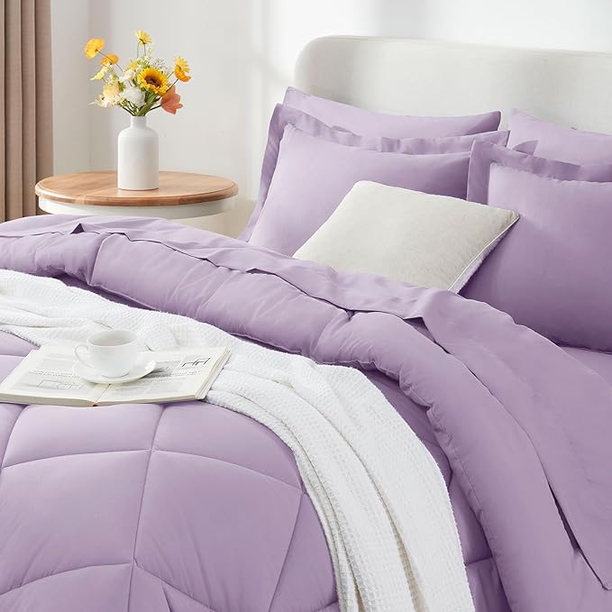 CozyLux Queen Comforter Set Light Purple - Bed in a Bag Queen Size 7 Pieces, Luxury Soft Lavender Bed Set for All Seasons, Bedding Set with Down Alternative Comforter, Sheets, Pillowcases & Shams