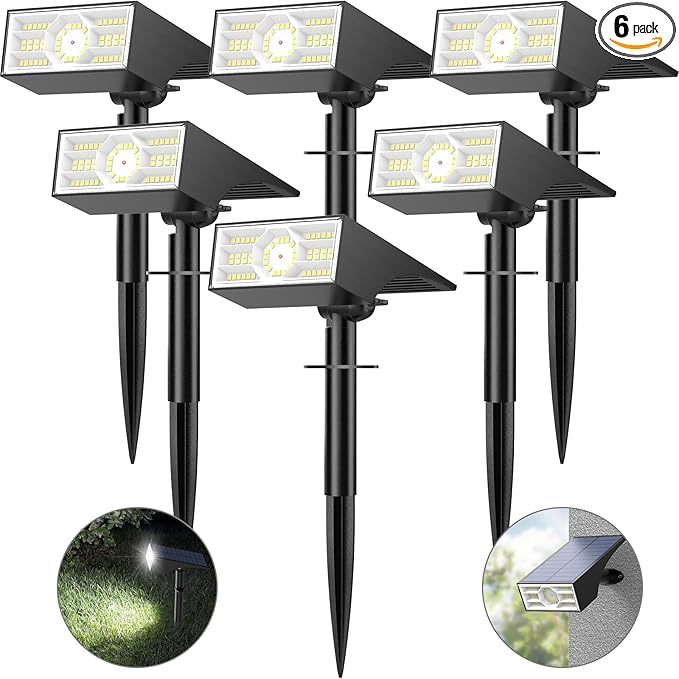 Solar Spot Lights Outdoor, 6 Pack Outdoor Solar Lights for Yard Waterproof, 4 Lighting Modes Solar Landscape Spotlights, Auto On/Off Solar Powered Flood Lights Garden Pathway (Cool White)