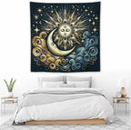 HZOHNAGO Sun Moon Tapestry Boho Golden Stars Pattern Printed Wall Tapestry Wall Hanging for Bedroom Living Room Dorm 60" W x 60" H
