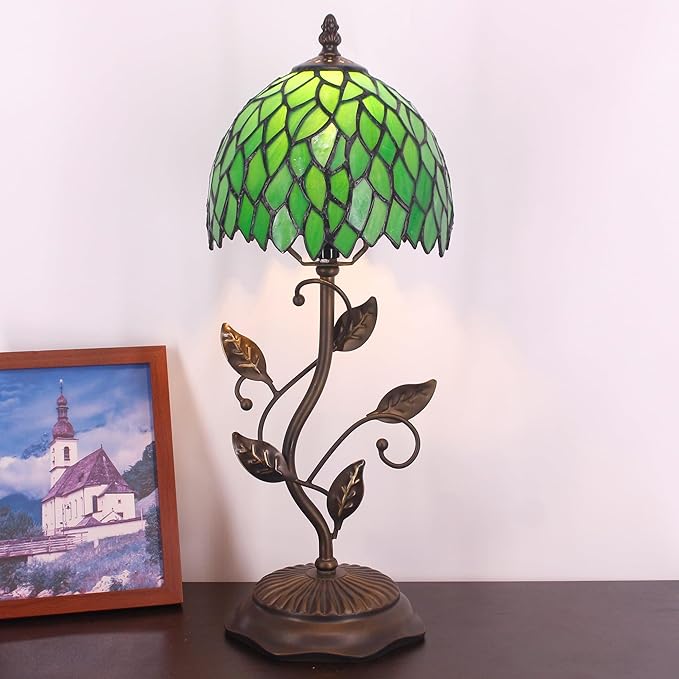 Small Tiffany Lamp Stained Glass Table Lamp Metal Leaf Accent Desk Memory Lamp Sympathy 8X20 Inch (Green Wisteria Leaves Style)
