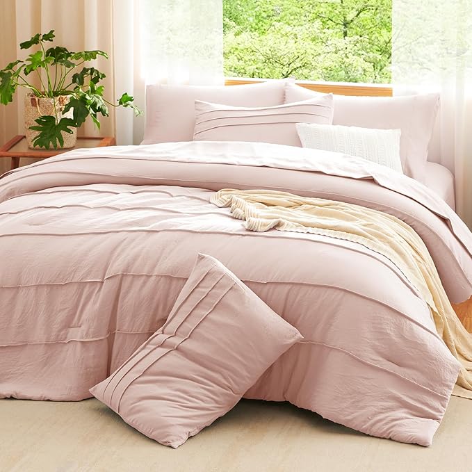 CozyLux Queen Comforter Set Blush Pink, 7 Pieces Soft Pinch Pleat Bed in a Bag Queen Comforter Set with Sheets, Boho Bed Set with Down Alternative Comforter, Sheets, Pillowcases & Shams