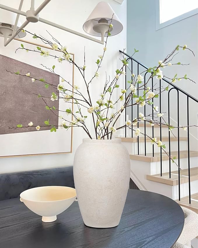 Handcrafted Flower Vase, 10.5" Tall Terracotta Vases, Vintage White Vase, Rustic Antique Décor, Wide Mouth, Matte Finish for Home Office Resto Café Decoration